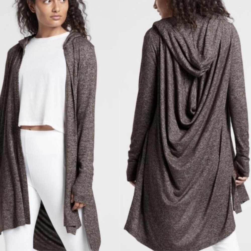 Athleta Harmony Wrap Size Small No Pockets Heathered Gray Hooded Long Open Front